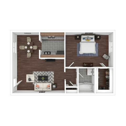 A top-down view of a small apartment with a bedroom, living room, and kitchen.